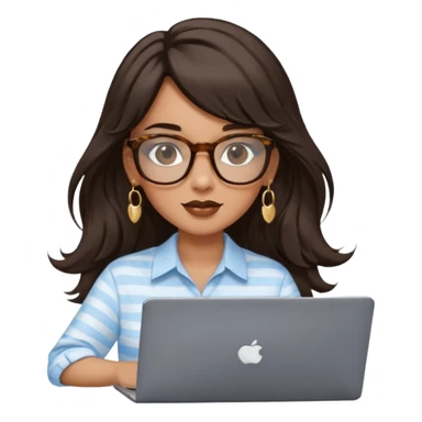 A woman with long wavy dark brown hair and a whispy bang, wearing thick tortoise SQUARE glasses, gold drop earrings. She has long lashes and a nude browny glossy lipstick. She's wearing an oversize light blue shirt with white vertical strips. She's working on a laptop sticker