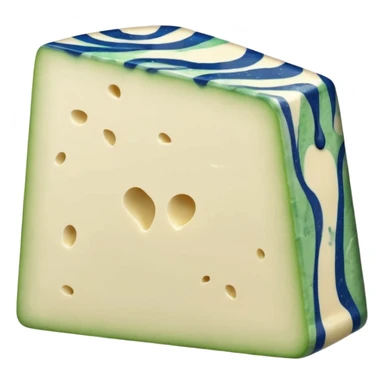 thick moist wedge of gorgonzola cheese, creamy off-white inside with bold blue-green veins, slightly oozing edges, natural beige rind, soft texture, irregular marbling, apple emoji style, soft lighting, subtle shadows, transparent background, emoji scale sticker