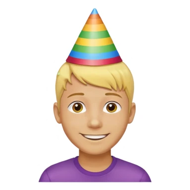 Young man, short yellow hair, rainbow birthday hat, happy sticker