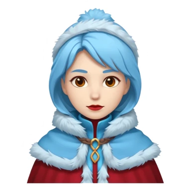 Fantasy human emoji portrait, simple winter mantle with icy blue fur trim and crimson inner fabric, northern winter aesthetic, calm heroic expression, clean flat emoji design, female variant
 sticker
