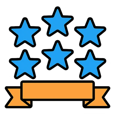 six blue stars with a ribbon underneath, premium 6-star customer experience, modern icon style sticker