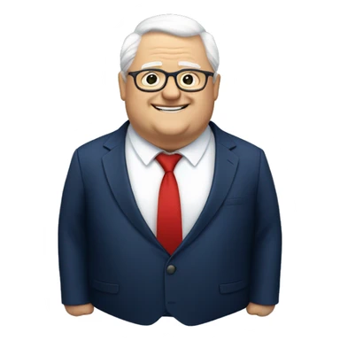 A fat older man, white hair, with glasses, no beard, smiling with teeth, and wearing a navy blue suit and red tie sticker