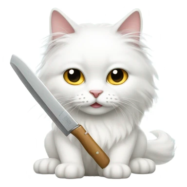 Long haired white cat with a knife sticker