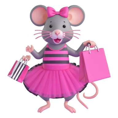 rat with a pink dress and tutu holding a black and white striped shopping bag sticker