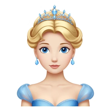 Cinematic Stunning Cinderella Portrait Emoji, Radiant in her sparkling blue ball gown, golden hair in a perfect updo, soft blue eyes full of wonder, glistening tiara, glowing with an ethereal beauty, regal yet kind, a dreamlike aura surrounds her, capturing the essence of a fairy tale princess, elegant and breathtaking! sticker