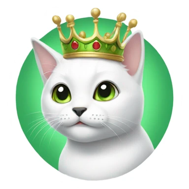 White cat with black spot wearing green crown sticker