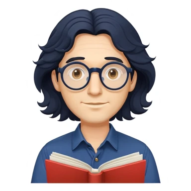 Man with longer wavy black hair, round glasses, dark blue buttoned shirt, holding program booklet for a play sticker
