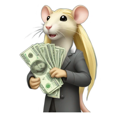 Rat standing up with long blond hair holding money sticker