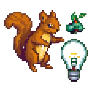 a squirrel jumping with a lightbulb, pixel art style sticker