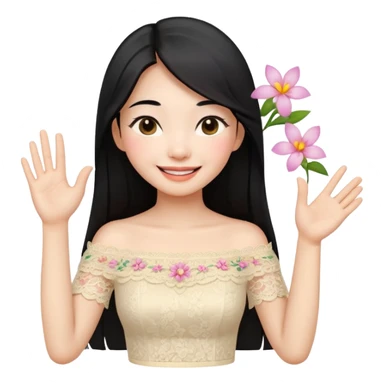 beautiful happy Thai woman with long straight black hair, fair skin, smiling gently while doing Thai greeting gesture (wai), wearing a cream lace off-shoulder blouse, hair decorated with flowers, pastel background, emoji style illustration sticker