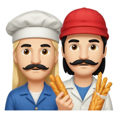 Aurore had long blond hair and Enzo is an Italian boy with mid-long black hair, mustache and a cap on his head and they are figthing like monster about mozzarella sticks sticker