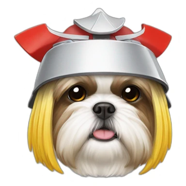 shih tzu wearing red samurai helmet with yellow spikes on top sticker