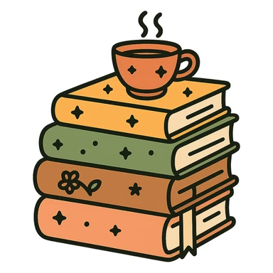 A cute stack of books with a cozy and magical vibe, each book bound in soft, harmonious colors: golden orange (FA9B41), forest green (4A7C5C), warm taupe brown (96775A), and pastel peach (FFCC9A). The books are slightly worn with rounded corners and decorative covers featuring tiny stars, floral motifs, or whimsical patterns. A ribbon bookmark peeks out from one, and a small cup of tea or magical trinket rests on top of the stack. The lighting is warm and gentle, with a dreamy, storybook feel. The overall scene feels inviting, charming, and gently enchanted. sticker