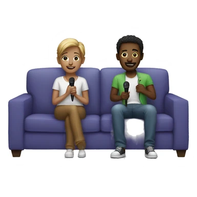 Two friends sitting on couch holding microphones sticker