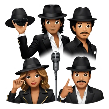 Icon for R&B Music: collage of iconic R&B artists—Michael Jackson, Beyoncé, Lionel Richie, Whitney Houston. Each artist represented by a silhouette or symbolic item (like a glove, microphone, or fedora). Transparent background. sticker
