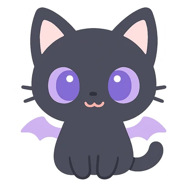 kawaii style gothic cat, cute face, black fur, purple eyes, tiny bat wings, playful and mysterious sticker