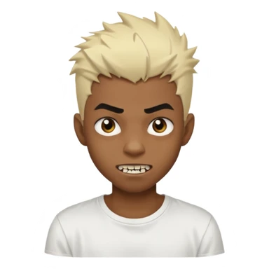 Black Male Teenager with Short punk messy blonde hair, Dark brown bushy eyebrows large expressive golden-brown eyes, wearing a plain white t-shirt, Dark Brown skin color. vampire tooth sticker