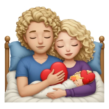 cuddling in bed, asleep. wavy haired blonde girl. man with curly,  dark brown hair. eyes closed. heart between them. no headboard sticker
