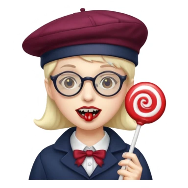 Vampire with lollipop, beret and glasses, teeth looks like vampire sticker