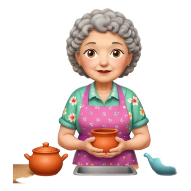 cartoon Apple iOS emoji style rural elderly woman, chubby face, short gray curly hair, flowery blouse, colorful apron, big expressive eyes, pastel colors, Chilean wooden kitchen background, clay pots, warm light, detailed and clean vector art sticker