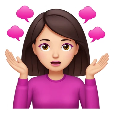Social media manager. She has dark brown hair, brown eyes, exhaling deeply, hands slightly raised showing frustration. Use vibrant colors with a focus on pink and fuchsia tone sticker