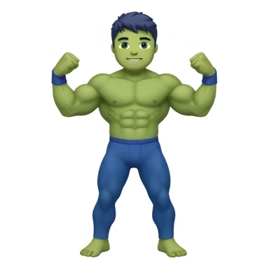 Kid Hulk flexing arms, full body, long blue pants, and smiling sticker