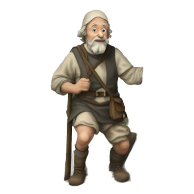 a realistic watercolo style Pilgrim from John Bunyan's Book climbing a mountain next to a cross sticker