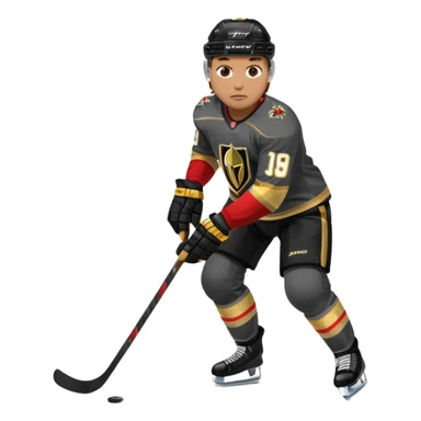 A hockey player in a Vegas Golden Knights black & gold jersey, red accent glow, centered stance, stick on the ice, faceoff position sticker