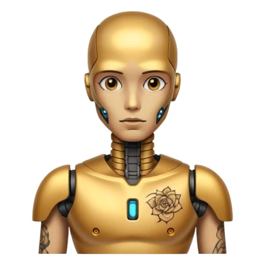gold Tatooed robot, big many tatooes on chest, neck and face, tatoo on face sticker