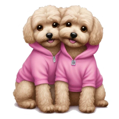 2 dark maltipoo dogs hugging, one wearing a pink sweatshirt and the other wearing a blue sweatshirt sticker