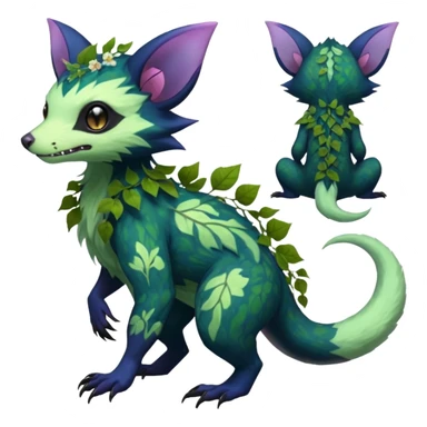 Realistic Sharp swampy mossy elemental ivy floral detailed Colorful translucent luminescent glowing Trico-Noibat-batty-Sergal-Furret-Ferret-Wolverine-Vernid-furry-fursona-fusion-Fakemon-animal-hybrid-creature, full body sticker