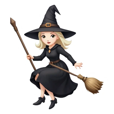 witch with pointy hat and black dress flying on a wooden broom sticker