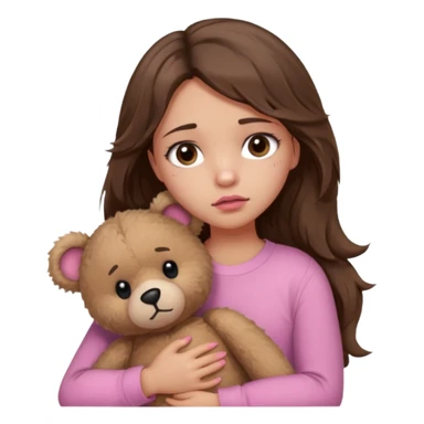 girl with long wavy brown hair, brown eyes, light to medium complexion, in a pink shirt, pink lips, long lashes, sad, hugging a teddy bear with a broken heart sticker