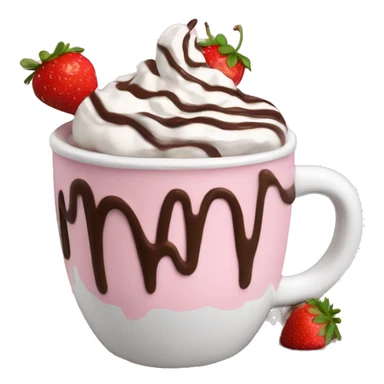 hot chocolate with mug and whip cream and chocolate drizzle and pale pink strawberry sticker