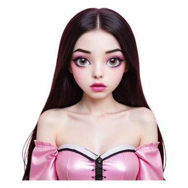girl with white skin, dark brown long straight hair with middle part falling in front of her body, very big pouty extra shiny lips with absolutely no cupid's bow, big round shiny eyes with black eyeballs and huge eyelashes, lighter button nose, very long oval-shaped face, wearing a pink off-shoulder top, looking directly at camera with hands down at sides sticker