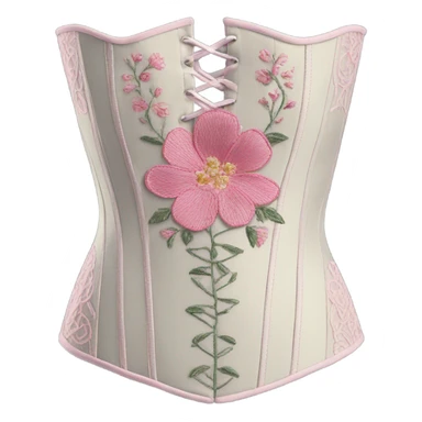 Sage corset with pink flower embroidery, isolated sticker