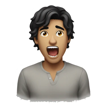 a young man with black mid length hair and white longsleeve yawning sticker