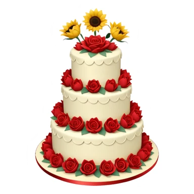 A large three teir cake with first mayer decorated with roses, second with Sunflowers and third with Tulips and Happy Birthday Dear written on top. sticker