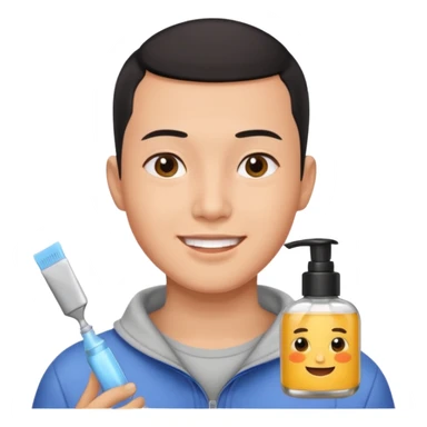 try different skincare products for chinese man with buzz cut (short black hair) doing skincare sticker