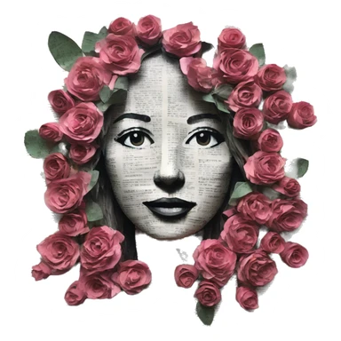 Person face portrait made entirely of newspaper cuttings and roses sticker