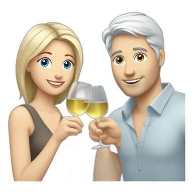 A white woman with brown eyes and blond medium long hair and a white man with blue eyes and grey hair, they toast to each other with a glass of white wine. sticker