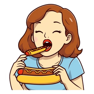 Caucasian woman with brown hair big boobs licking a hotdog sticker