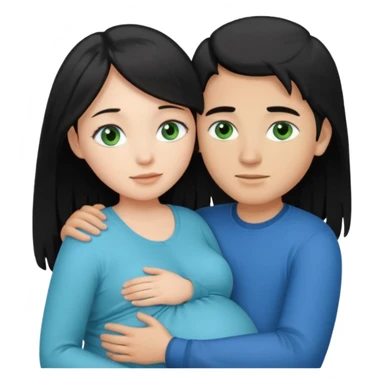 Make a couple hugging the girl is white with long black hair with blue eyes. The girl is hugging a boy with light brown short hair with green eyes. The boz is pregnant  sticker