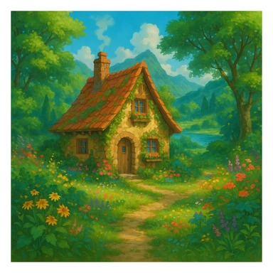 a cozy cottage in a magical landscape, ghibli style, detailed, enchanting, lush environment sticker