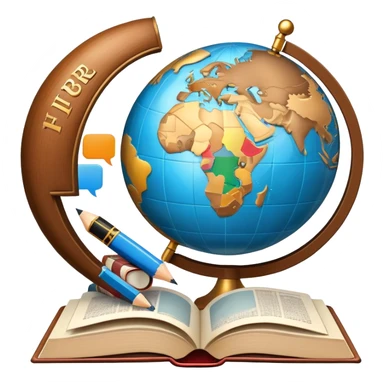 An icon featuring a globe with speech bubbles in different languages, symbolizing the study of foreign languages. The design includes a book and a pencil, representing learning and communication across cultures. Transparent background highlights the global nature of language education. sticker