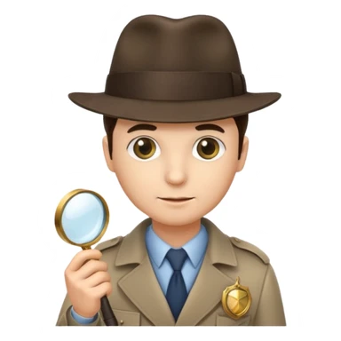 a detective with a hat, a magnifying glass and a badge sticker