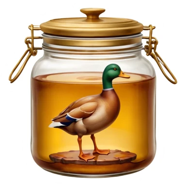 confit de canard in a clear glass jar with 1 or 2 duck legs in golden duck fat, cooked meat with golden skin visible, rustic jar with wide mouth and metal or glass lid, smooth semi-opaque fat, clean 3D look, soft lighting, no labels, no faces, emoji scale sticker