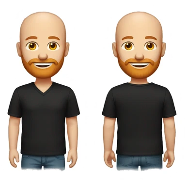 A Bald man with blue eyes and a ginger beard, wearing a black v-neck t-shirt. with a warm and welcome round face sticker