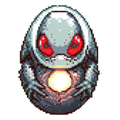 a strange large transparent alien egg, floating inside with a visible creature inside, embryo, embryonic, fetal shape, primordial, 3 glowing red eyes, illuminated from above, shining glass egg sticker