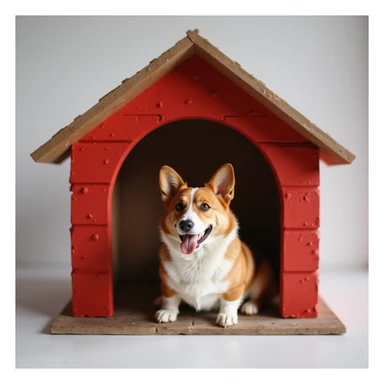 realistic red dog house with a Corgi dog inside, Corgi sitting at the entrance, photorealistic style sticker